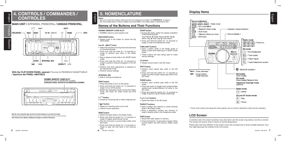 Controls / commandes / controles, Nomenclature, Names of the buttons and their functions | Display items lcd screen, English 6, English, Main unit / appareil principal / unidad principal, Fran çais espa ñol | Clarion FB275BTB User Manual | Page 5 / 39