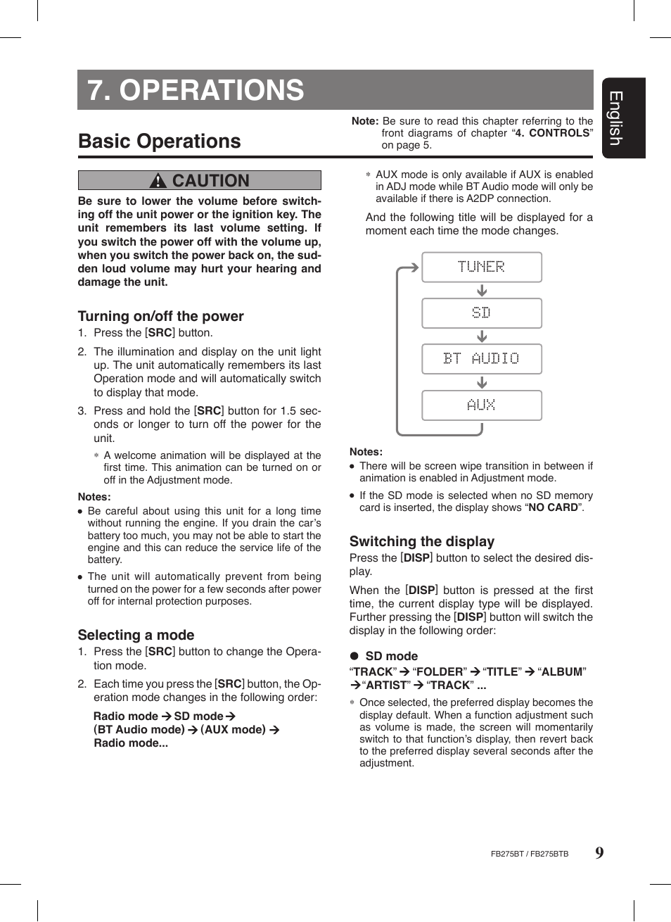 Operations, Basic operations, 9english | Caution, Turning on/off the power, Selecting a mode, Switching the display | Clarion FB275BTB User Manual | Page 9 / 39