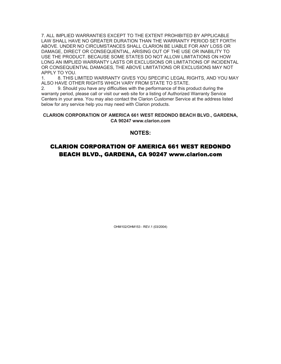 Clarion OHM102/OHM153 User Manual | Page 22 / 22