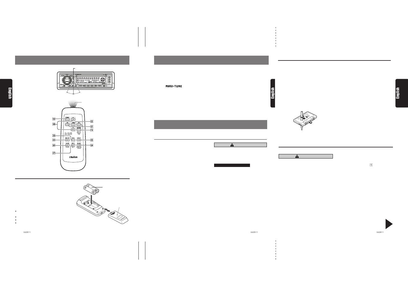 Precautions, Remote control, Features | Flip down panel, Inserting the batteries, Handling cassette tapes, Remote control unit, English, Caution | Clarion XAZ611 User Manual | Page 3 / 28