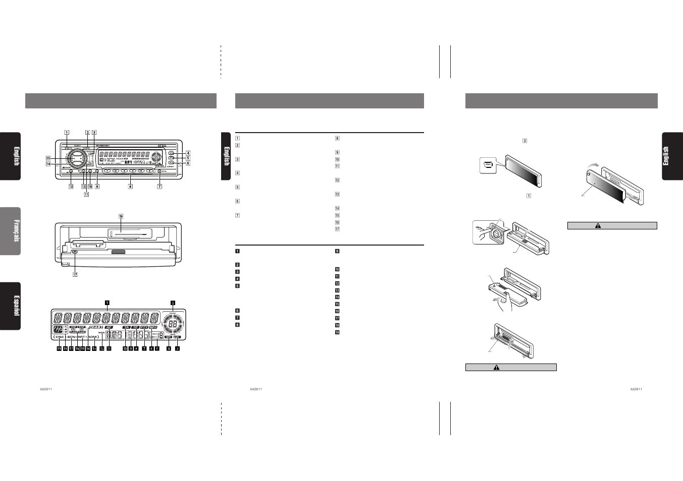 Nomenclature, Controls / les commandes / controles, Names of buttons | Display items, 7english, Caution, English français español english | Clarion XAZ611 User Manual | Page 4 / 28