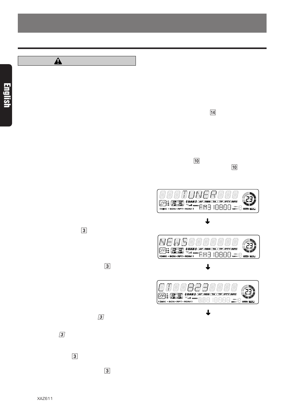 Operations, Basic operations, English | Caution, Turning on/off the power, Selecting a mode, Adjusting the volume, Switching the display | Clarion XAZ611 User Manual | Page 6 / 28