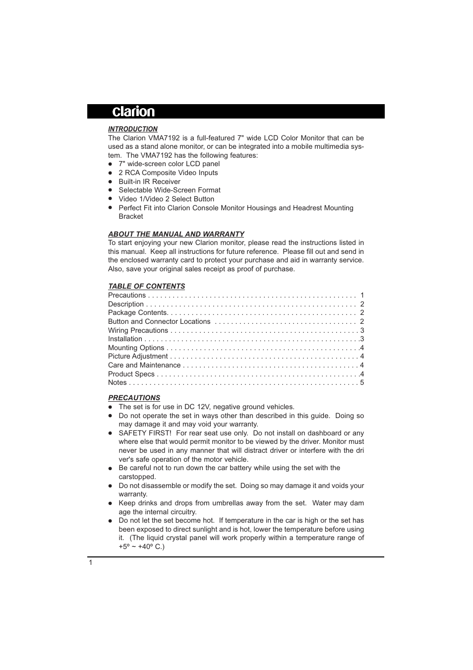 Vma7192 | Clarion VMA7192 User Manual | Page 2 / 7