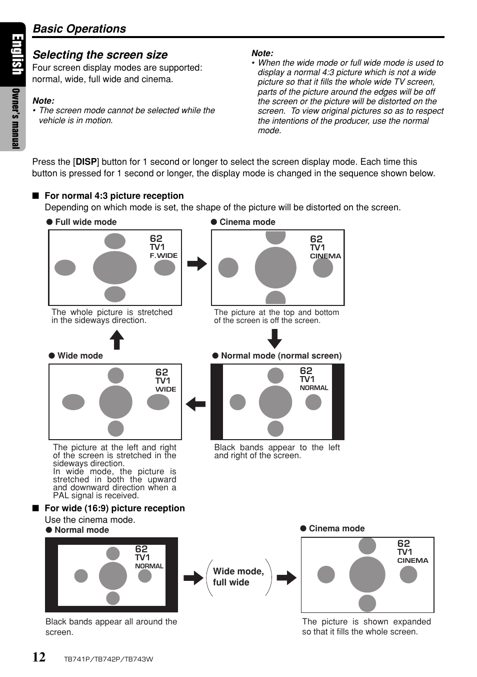 English, Basic operations selecting the screen size | Clarion TB743W User Manual | Page 12 / 30