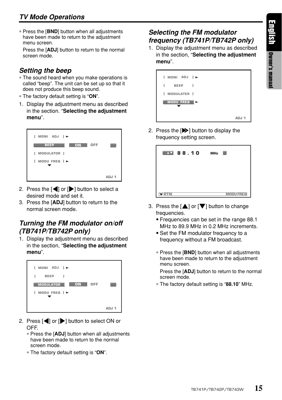 English, Tv mode operations, Setting the beep | Clarion TB743W User Manual | Page 15 / 30