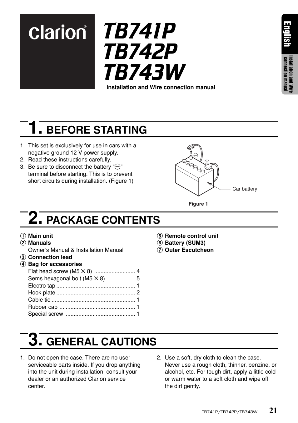 Before starting, Package contents, General cautions | Clarion TB743W User Manual | Page 21 / 30