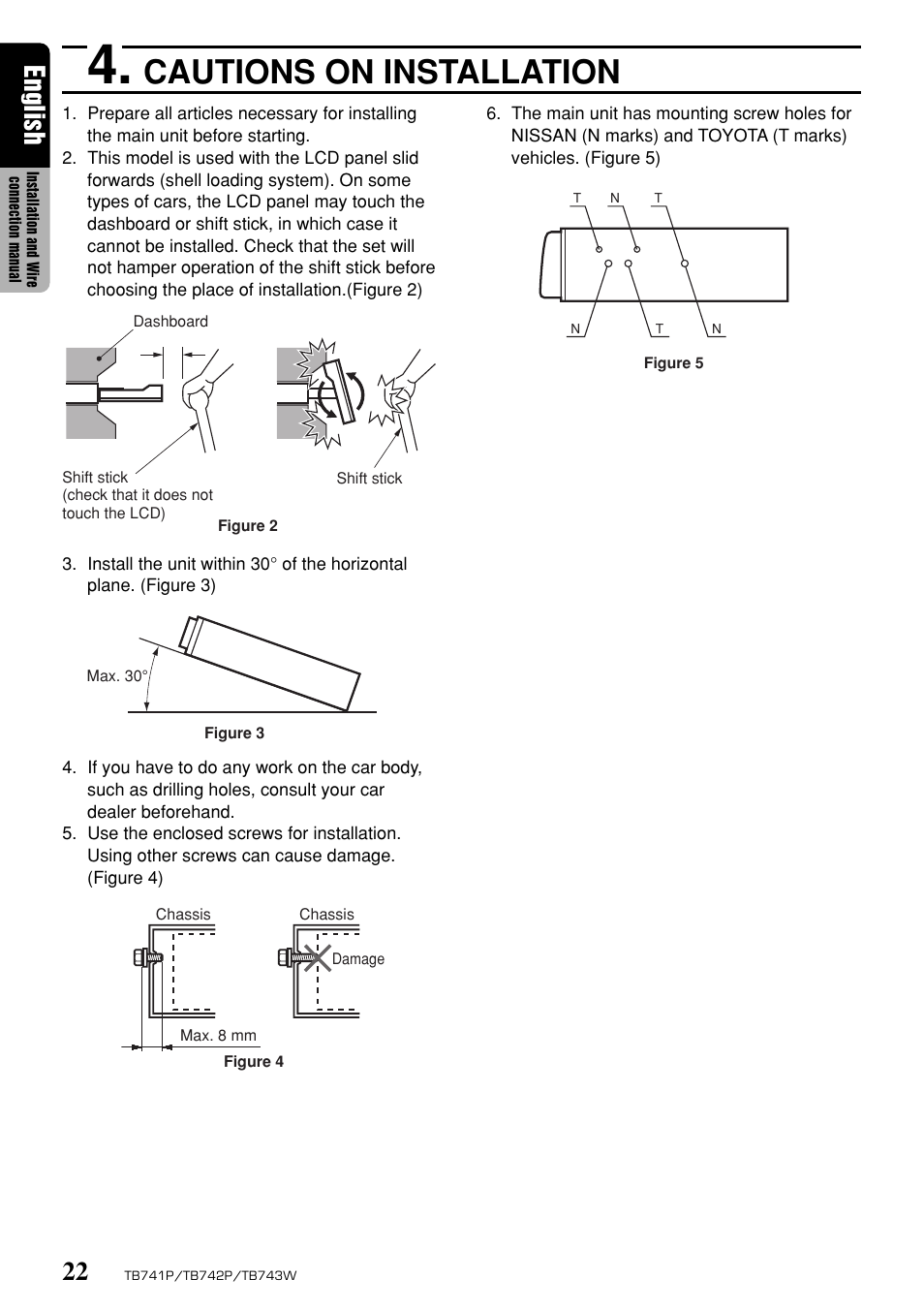 Cautions on installation, English | Clarion TB743W User Manual | Page 22 / 30
