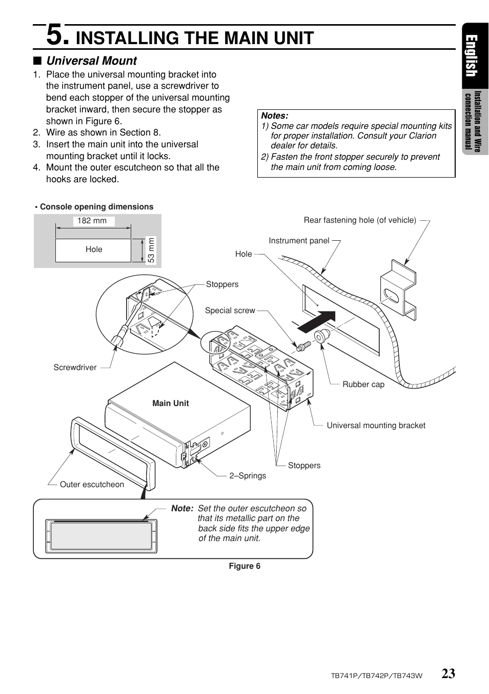 Installing the main unit, 23 english, Universal mount | Clarion TB743W User Manual | Page 23 / 30