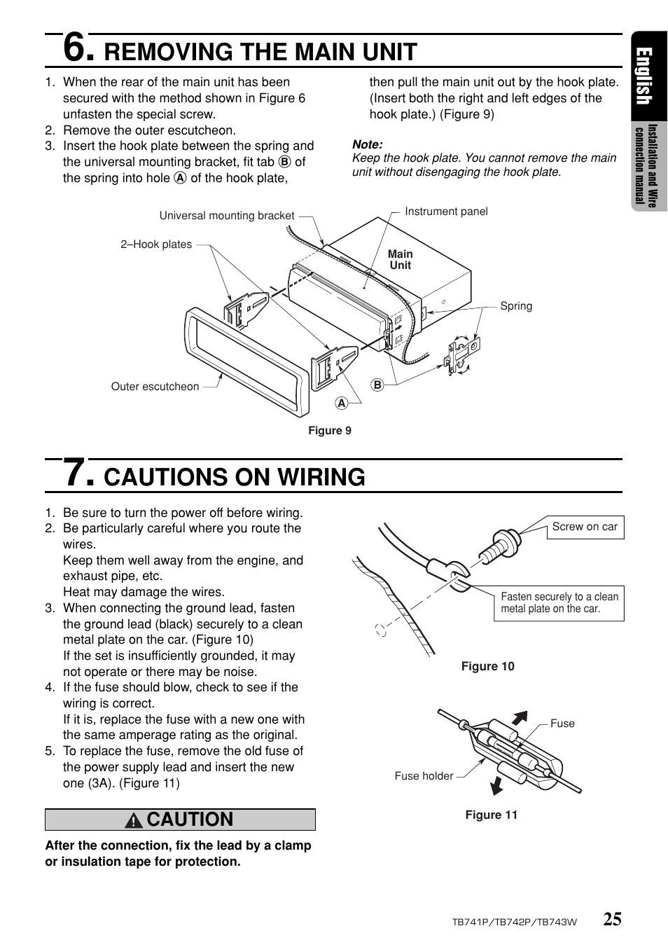 Removing the main unit, Cautions on wiring, 25 english | Caution | Clarion TB743W User Manual | Page 25 / 30