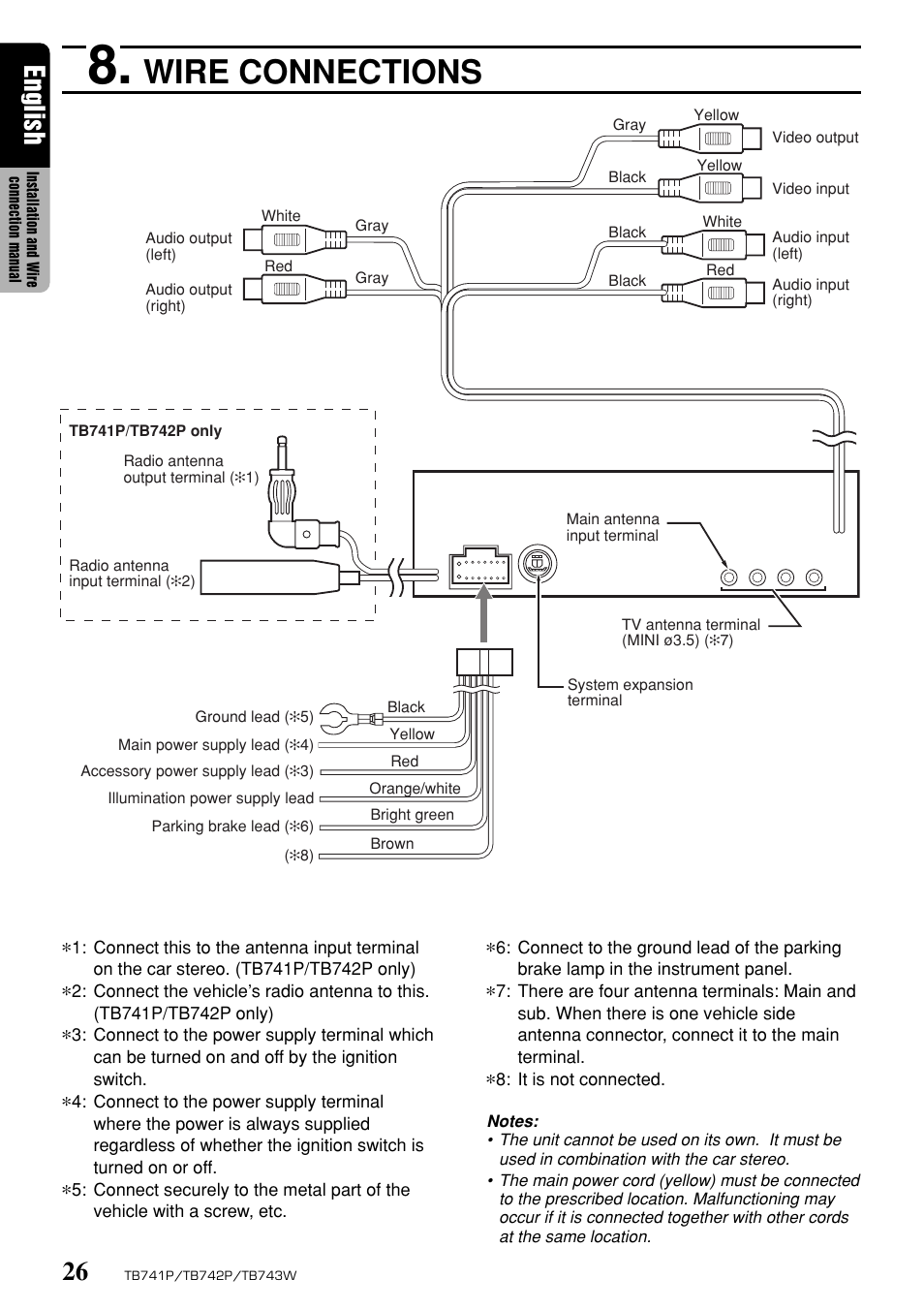 Wire connections, English | Clarion TB743W User Manual | Page 26 / 30