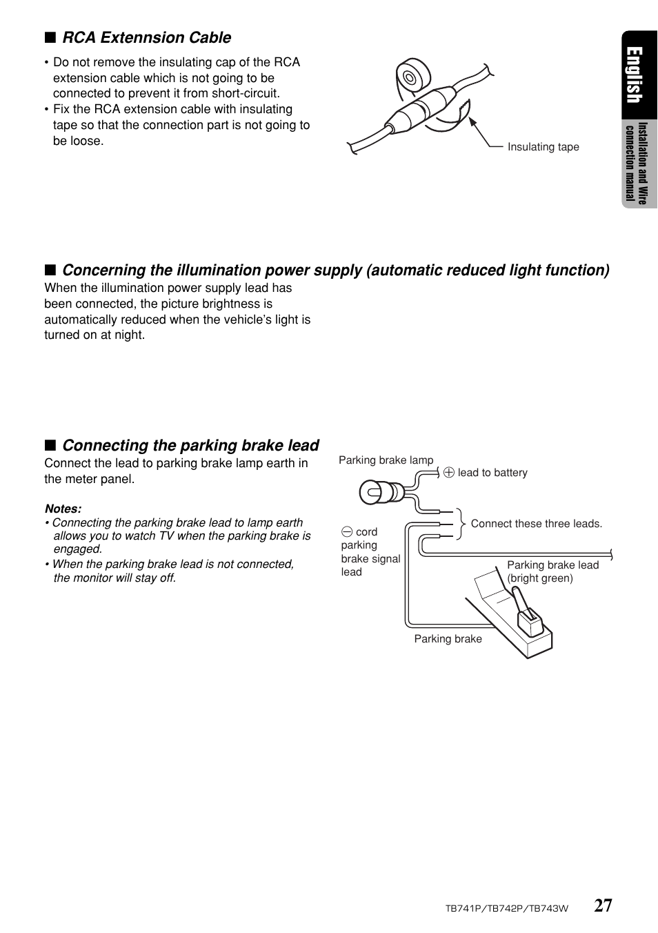 27 english, Rca extennsion cable, Connecting the parking brake lead | Clarion TB743W User Manual | Page 27 / 30