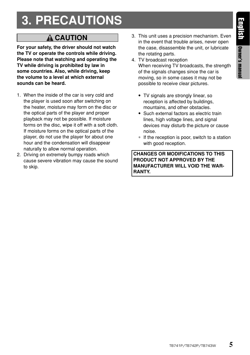 Precautions, English, Caution | Clarion TB743W User Manual | Page 5 / 30
