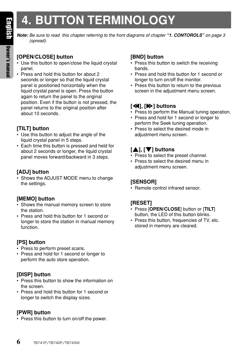 Button terminology, English | Clarion TB743W User Manual | Page 6 / 30