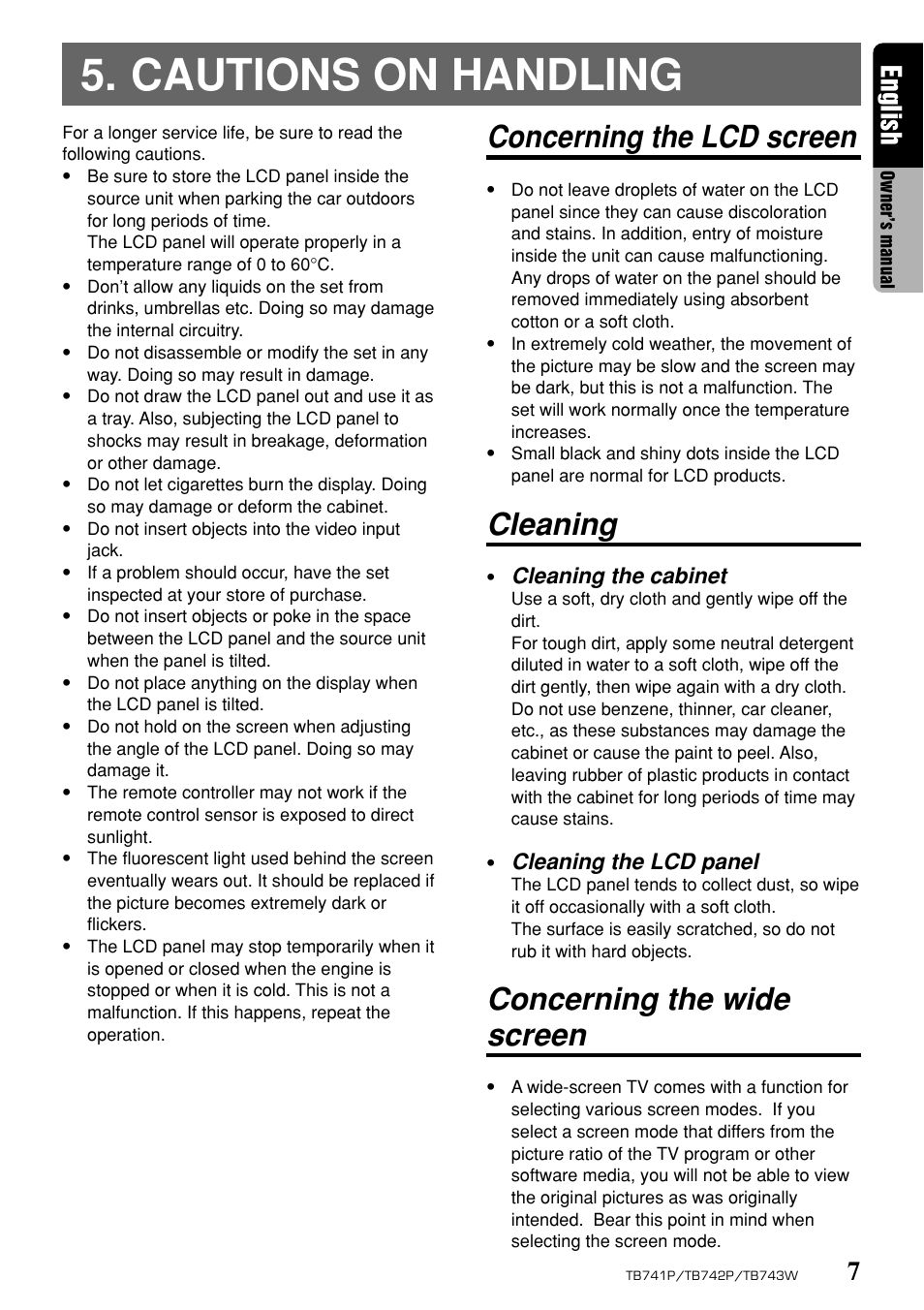 Cautions on handling, Concerning the lcd screen, Cleaning | Concerning the wide screen, English | Clarion TB743W User Manual | Page 7 / 30
