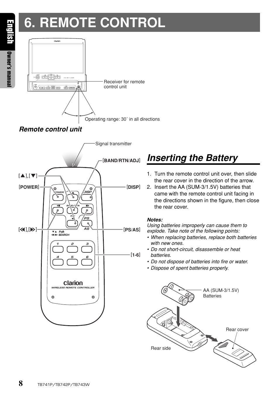 Remote control, Inserting the battery, English | Remote control unit | Clarion TB743W User Manual | Page 8 / 30