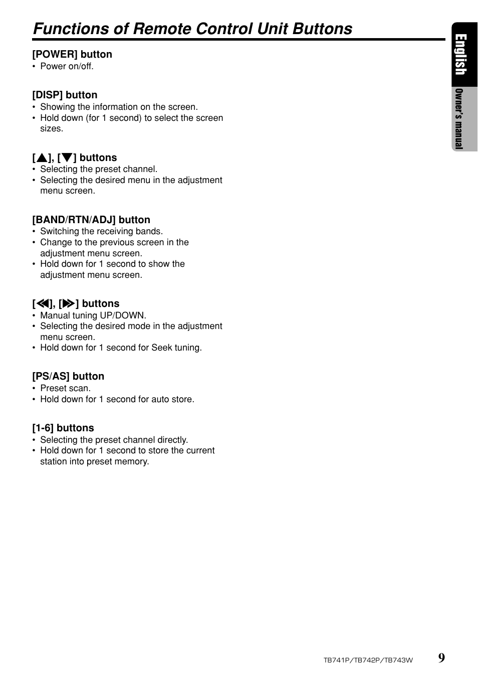 Functions of remote control unit buttons, English | Clarion TB743W User Manual | Page 9 / 30