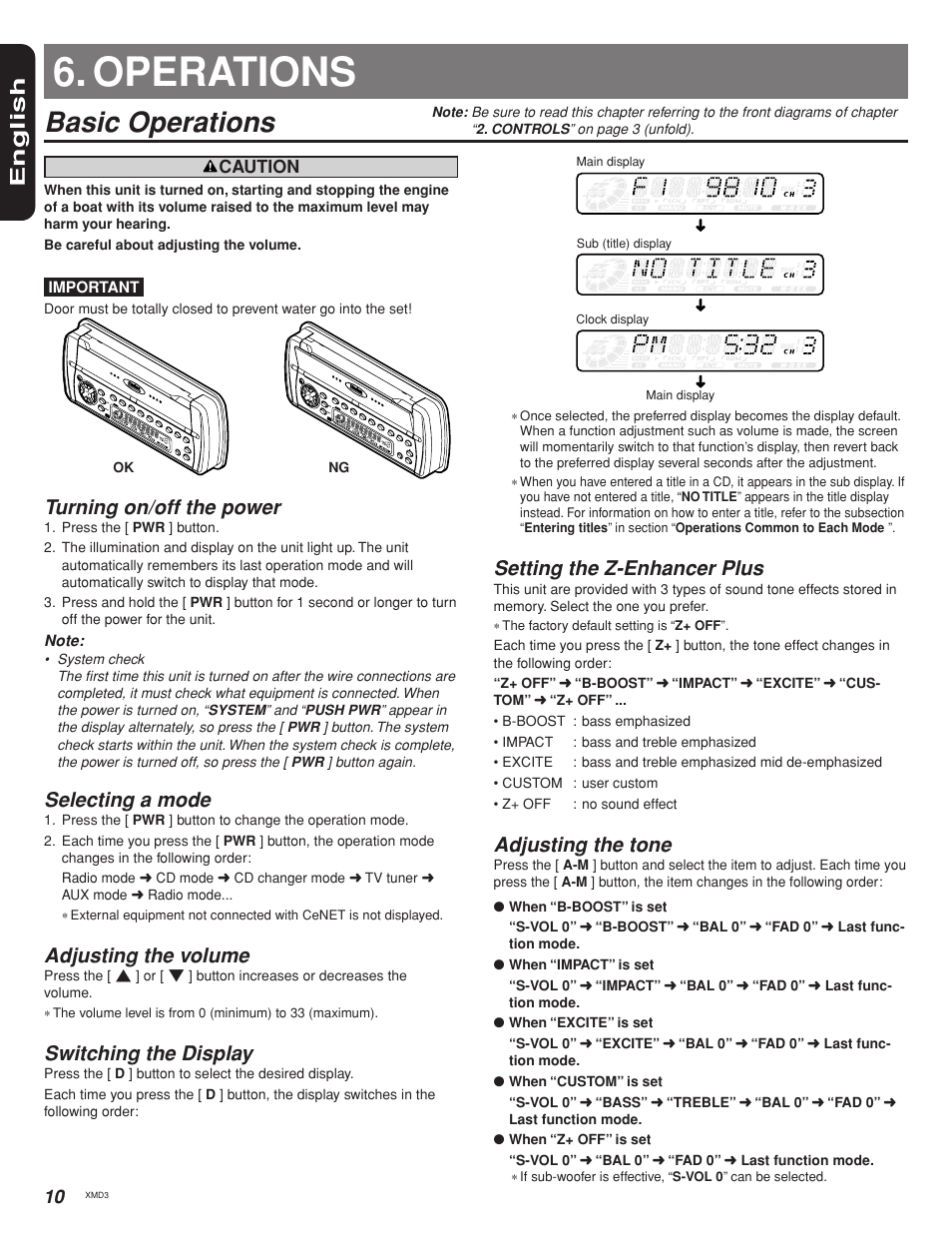 Operations, Basic operations, English | Turning on/off the power, Selecting a mode, Adjusting the volume, Switching the display, Setting the z-enhancer plus, Adjusting the tone | Clarion XMD3 User Manual | Page 10 / 22