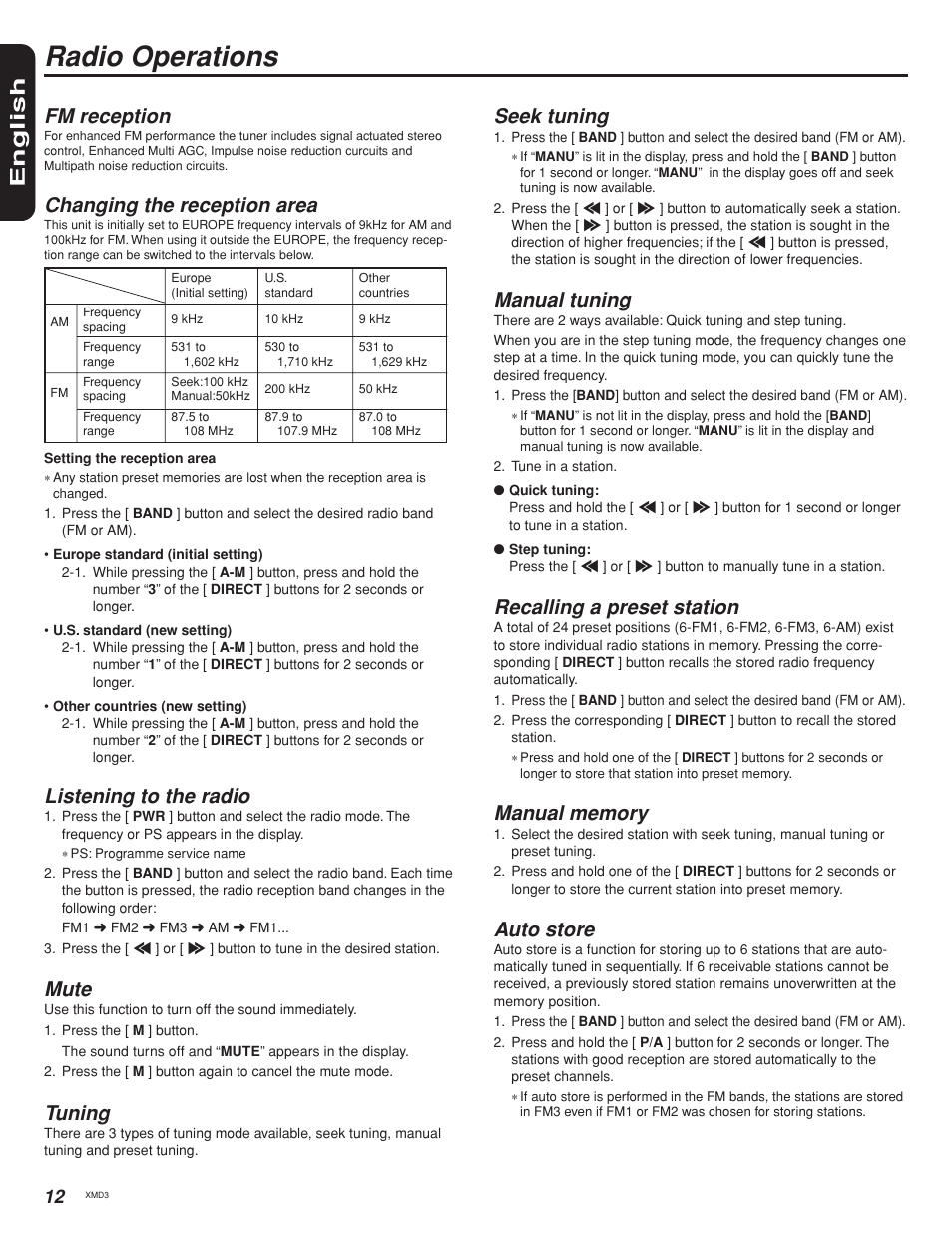 Radio operations, English, Seek tuning | Manual tuning, Recalling a preset station, Auto store, Fm reception, Changing the reception area, Listening to the radio, Mute | Clarion XMD3 User Manual | Page 12 / 22