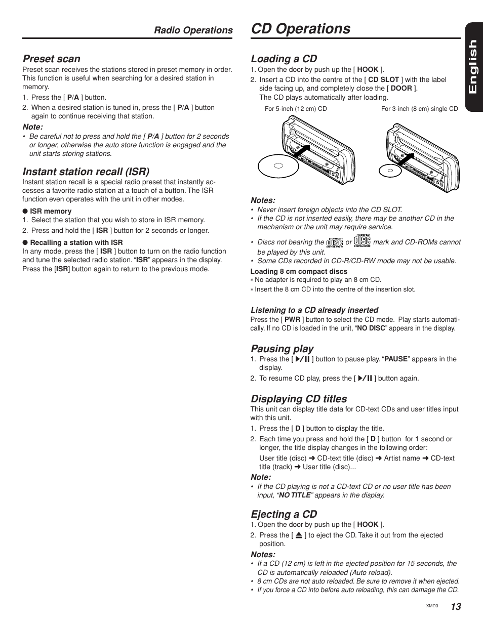 Cd operations, English, Preset scan | Instant station recall (isr), Loading a cd, Pausing play, Displaying cd titles, Ejecting a cd, Radio operations | Clarion XMD3 User Manual | Page 13 / 22