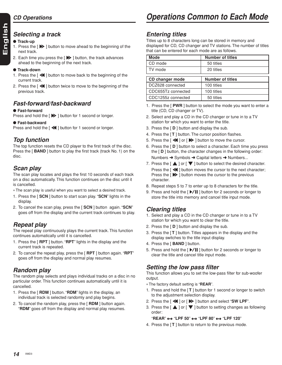 Operations common to each mode, English, Selecting a track | Fast-forward/fast-backward, Top function, Scan play, Repeat play, Random play, Entering titles, Clearing titles | Clarion XMD3 User Manual | Page 14 / 22