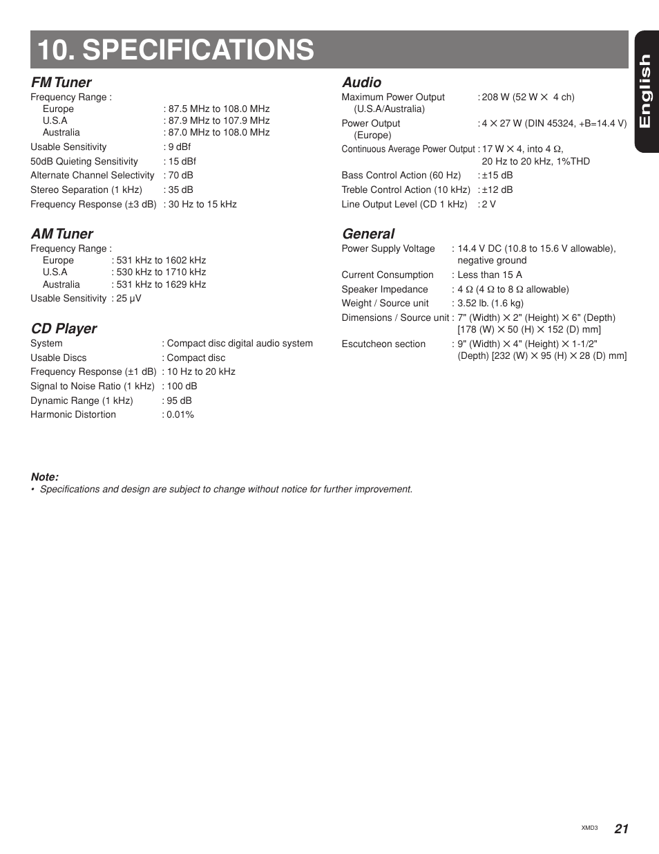 Specifications, English, Fm tuner | Am tuner, Cd player, Audio, General | Clarion XMD3 User Manual | Page 21 / 22