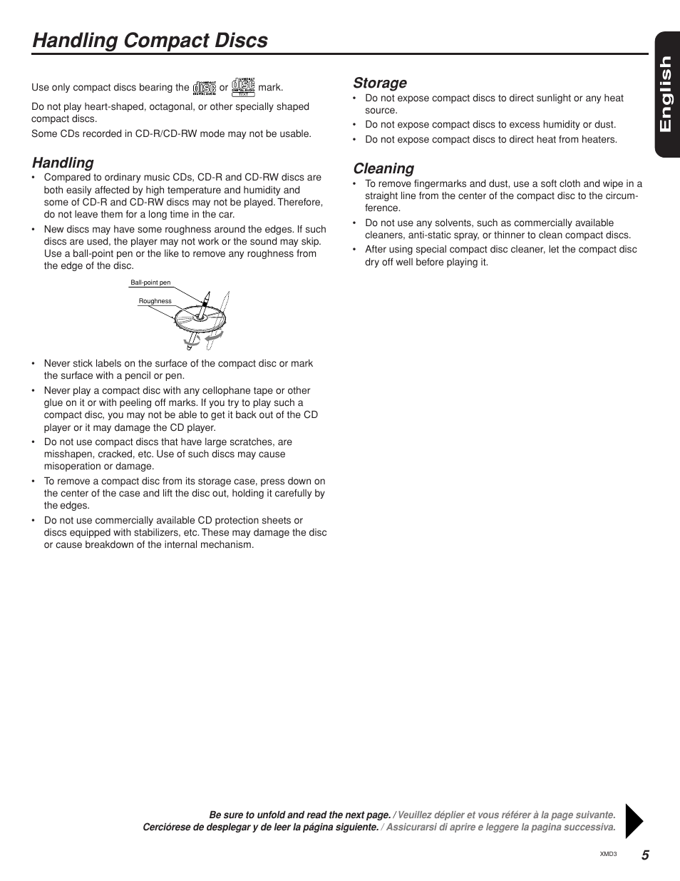 Handling compact discs, English, Handling | Storage, Cleaning | Clarion XMD3 User Manual | Page 4 / 22