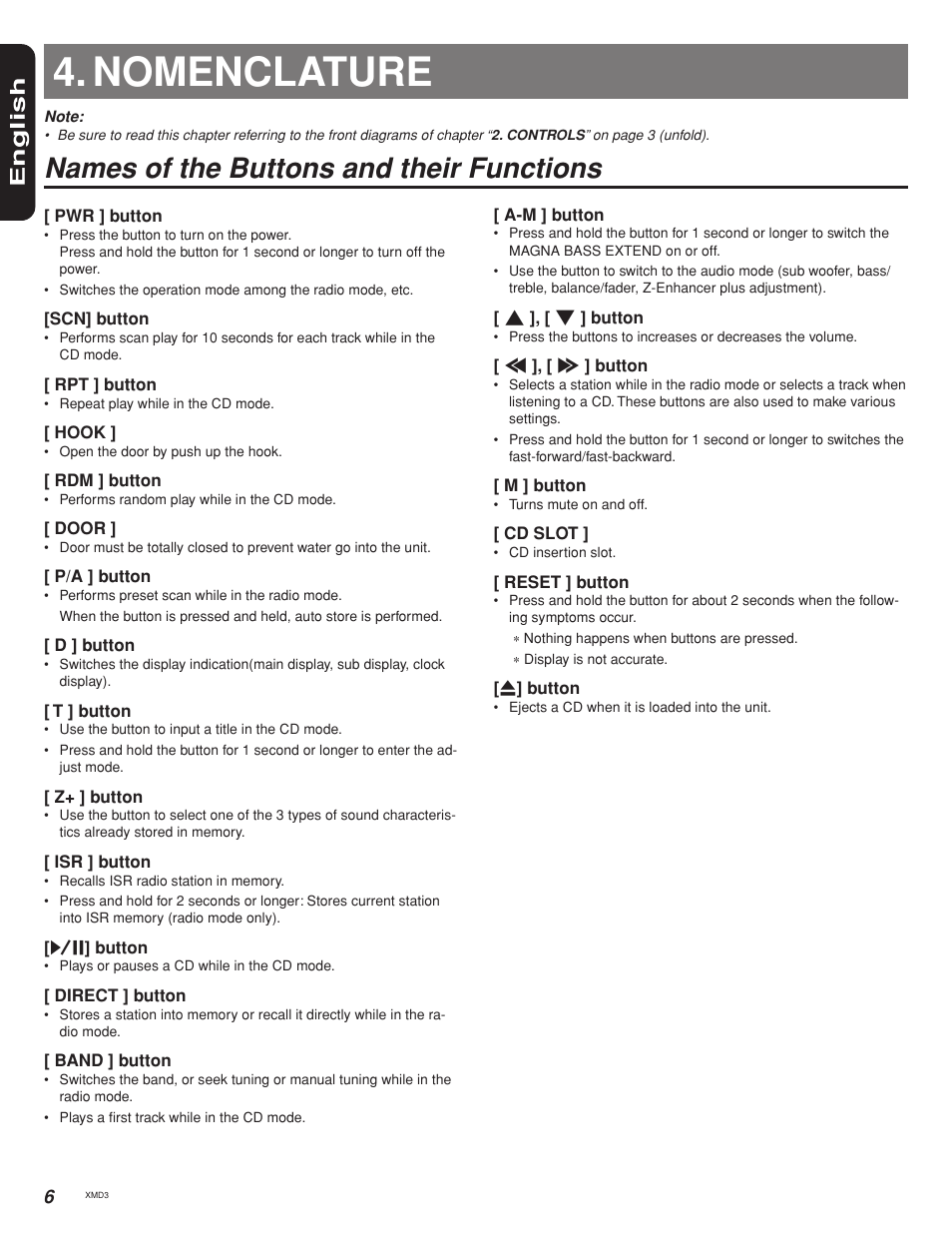 Nomenclature, Names of the buttons and their functions, English | Clarion XMD3 User Manual | Page 6 / 22