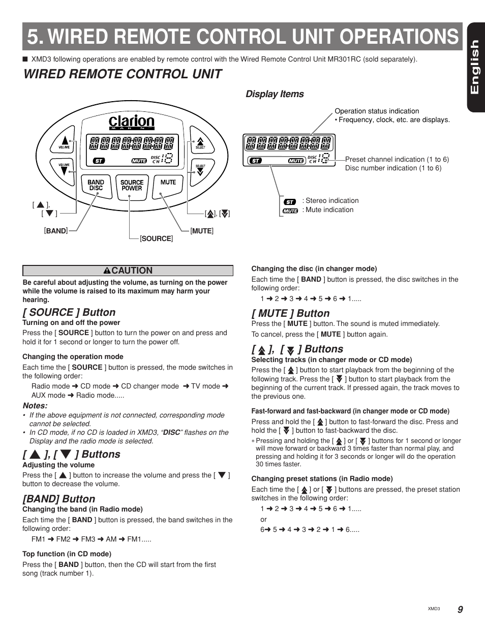 Wired remote control unit operations, Wired remote control unit, English | Source ] button, W ], [ z ] buttons, Band] button, Mute ] button, Buttons, Display items | Clarion XMD3 User Manual | Page 9 / 22