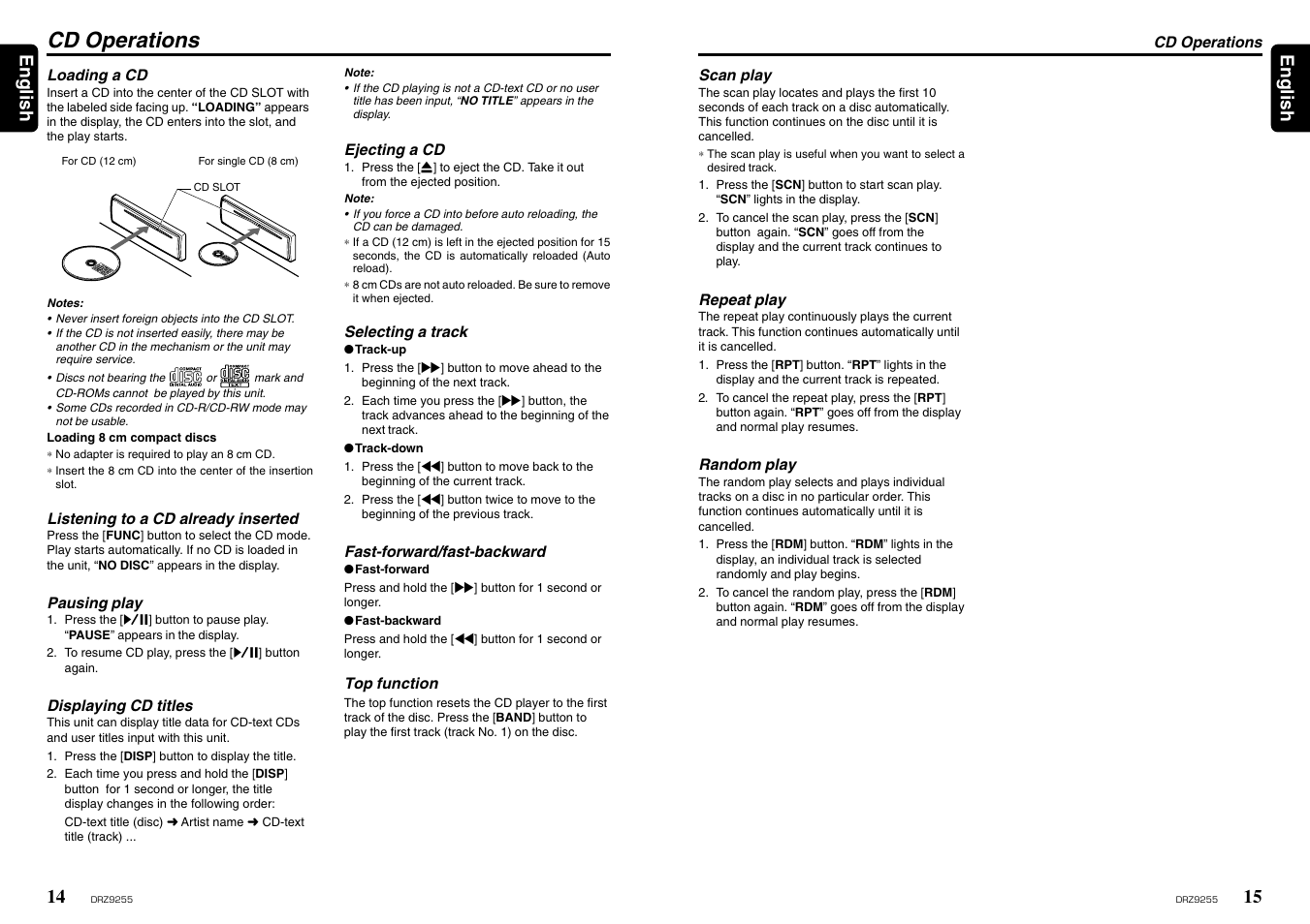 Cd operations, 15 english 14, English | Clarion DRZ 9255 User Manual | Page 10 / 20