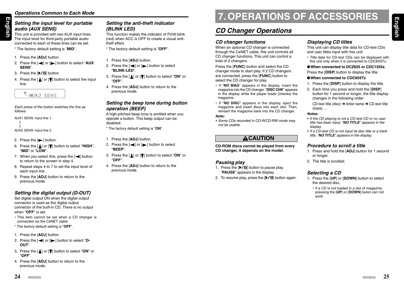 Operations of accessories, Cd changer operations, 25 english 24 | English, Caution | Clarion DRZ 9255 User Manual | Page 15 / 20
