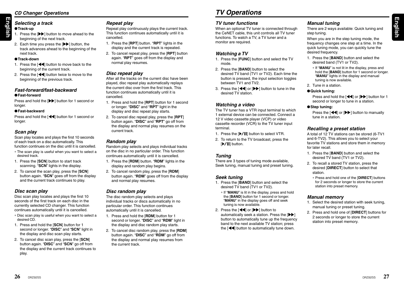 Tv operations, 27 english 26, English | Clarion DRZ 9255 User Manual | Page 16 / 20