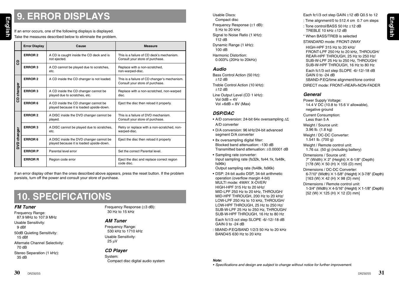 Error displays, Specifications, 31 english 30 | English | Clarion DRZ 9255 User Manual | Page 18 / 20