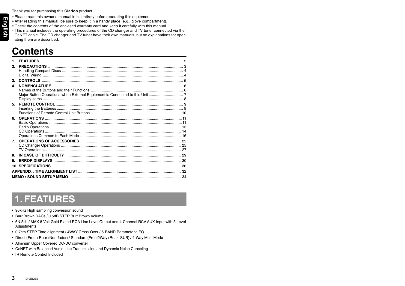 Clarion DRZ 9255 User Manual | Page 2 / 20