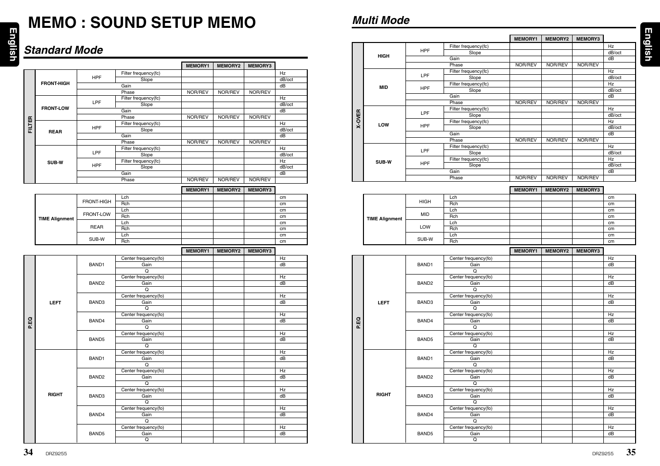 Memo : sound setup memo, Multi mode, Standard mode | 35 english 34, English | Clarion DRZ 9255 User Manual | Page 20 / 20