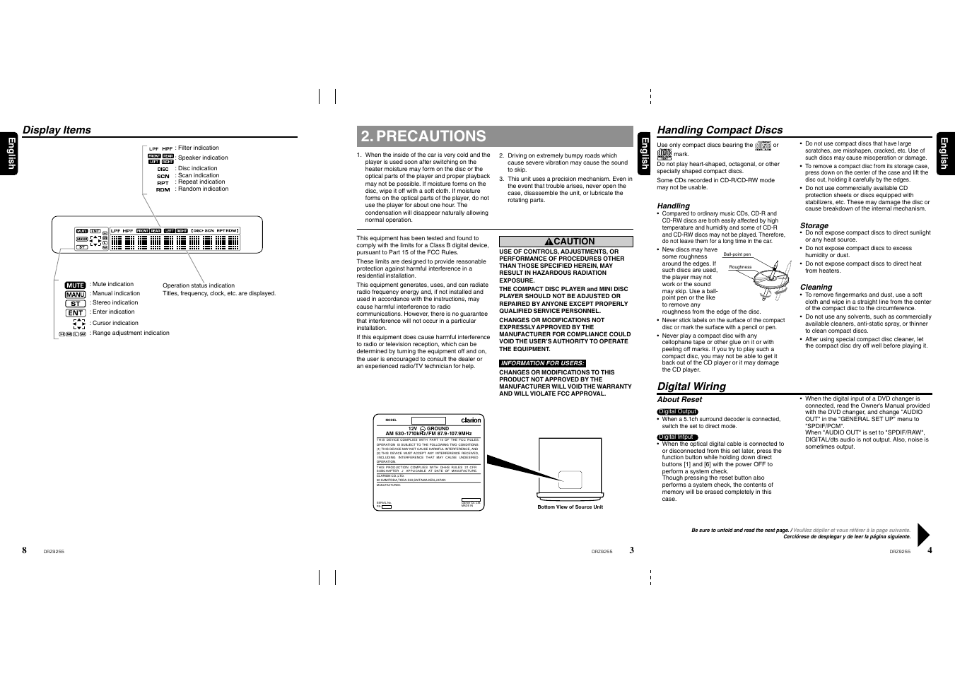 Precautions, Handling compact discs, Digital wiring | Display items | Clarion DRZ 9255 User Manual | Page 3 / 20