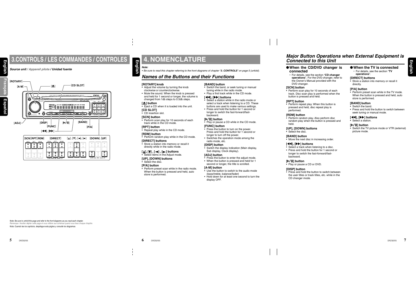 Controls, Nomenclature, Names of the buttons and their functions | Controls / les commandes / controles | Clarion DRZ 9255 User Manual | Page 4 / 20