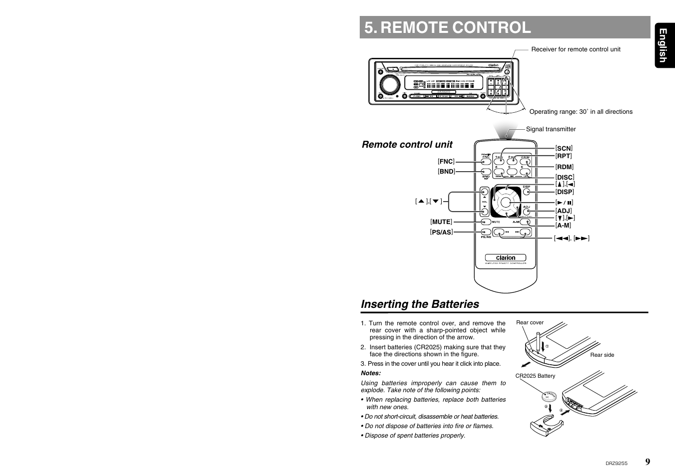 Remote control, Inserting the batteries | Clarion DRZ 9255 User Manual | Page 7 / 20