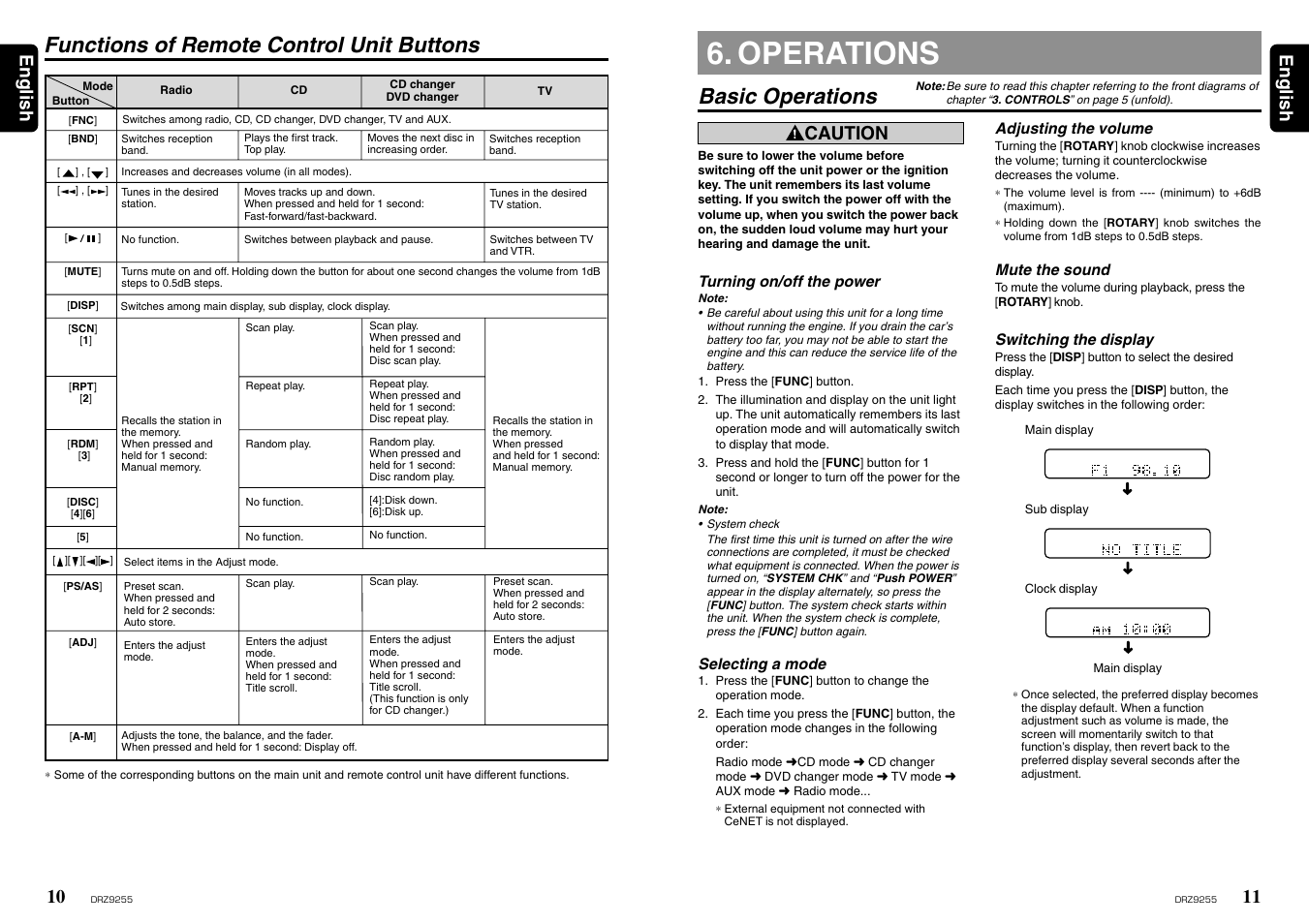 Functions of remote control unit buttons, Operations, Basic operations | 11 english 10, English, Caution | Clarion DRZ 9255 User Manual | Page 8 / 20