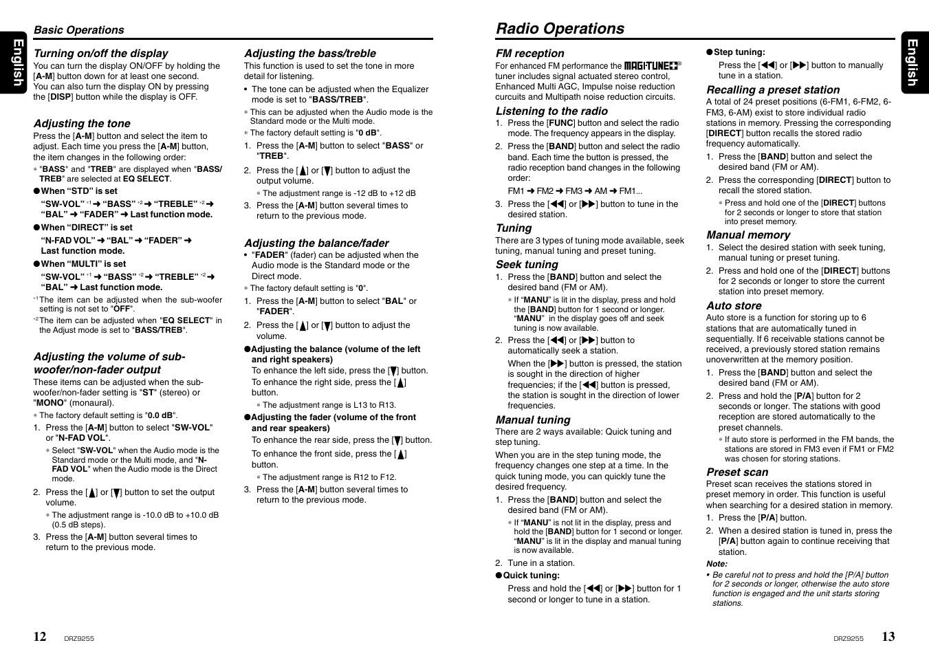 Radio operations, 13 english 12, English | Clarion DRZ 9255 User Manual | Page 9 / 20