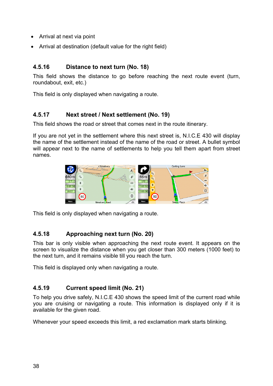 Distance to next turn (no. 18), Next street / next settlement (no. 19), Approaching next turn (no. 20) | Current speed limit (no. 21) | Clarion N.I.C.E. 430 User Manual | Page 101 / 158