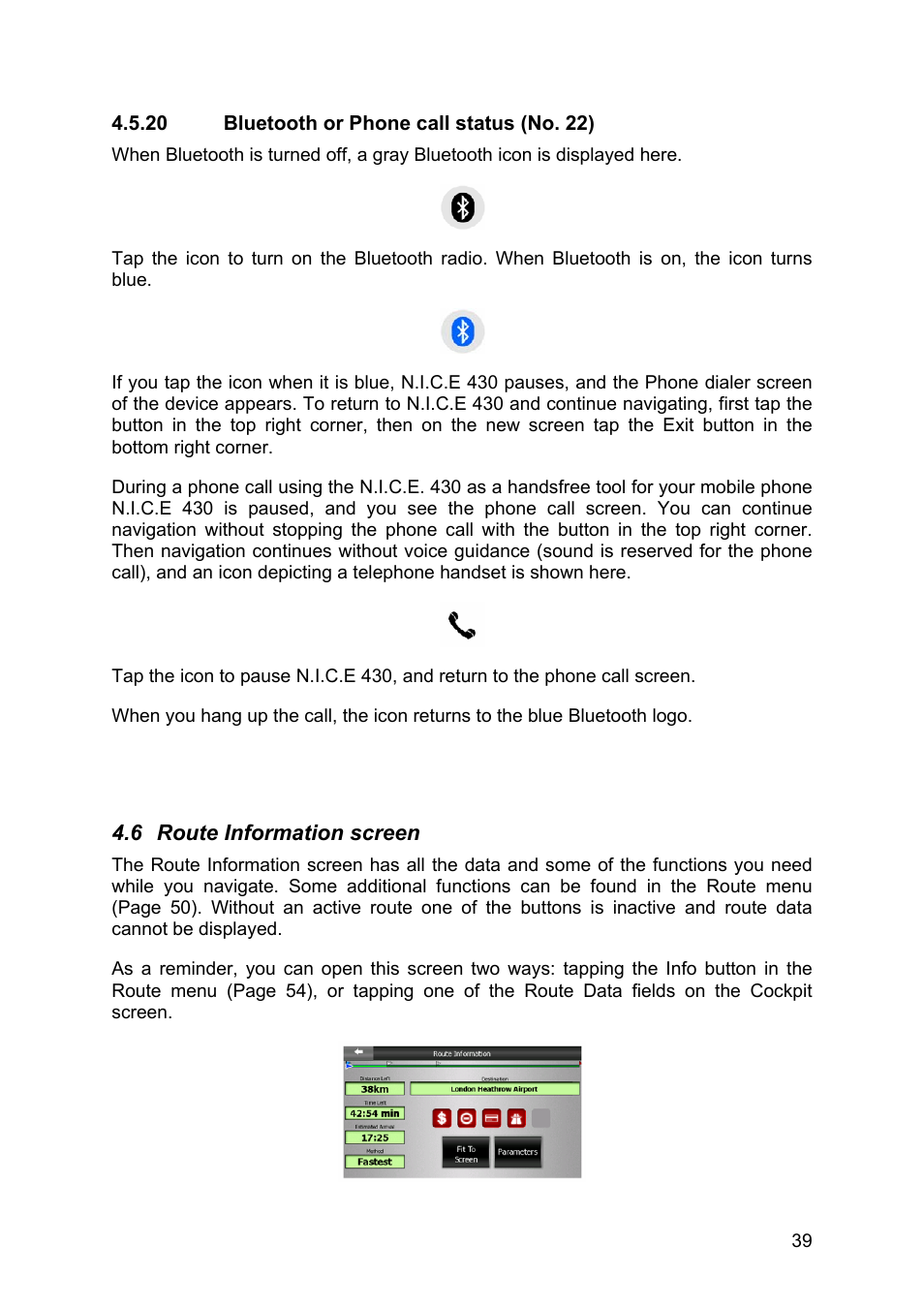 Bluetooth or phone call status (no. 22), Route information screen, 20 bluetooth or phone call status (no. 22) | Clarion N.I.C.E. 430 User Manual | Page 102 / 158