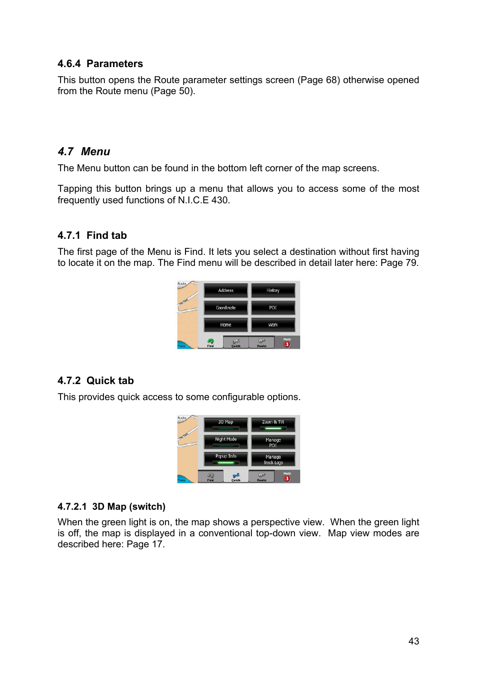 Parameters, Menu, Find tab | Quick tab, 3d map (switch) | Clarion N.I.C.E. 430 User Manual | Page 106 / 158
