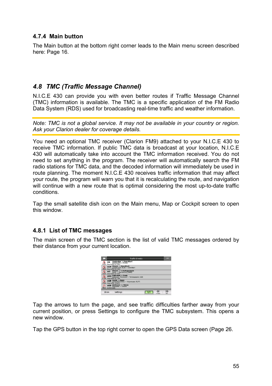 Main button, Tmc (traffic message channel), List of tmc messages | Clarion N.I.C.E. 430 User Manual | Page 118 / 158