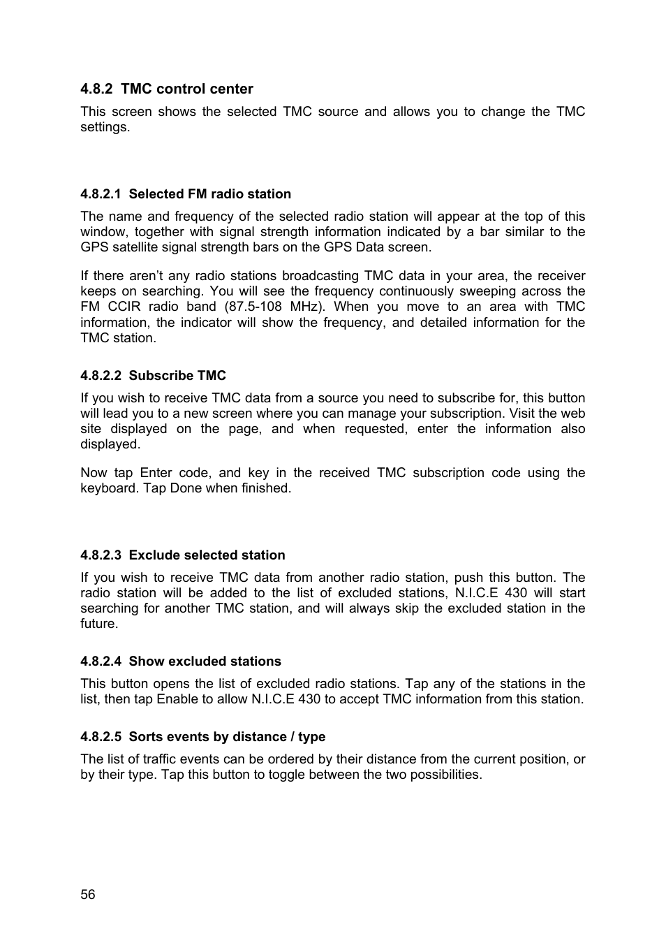 Tmc control center, Selected fm radio station, Subscribe tmc | Exclude selected station, Show excluded stations, Sorts events by distance / type | Clarion N.I.C.E. 430 User Manual | Page 119 / 158