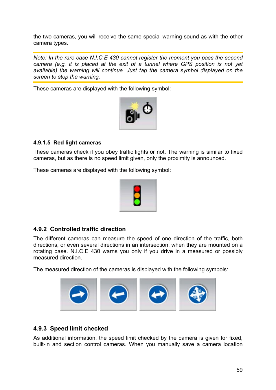 Red light cameras, Controlled traffic direction, Speed limit checked | Clarion N.I.C.E. 430 User Manual | Page 122 / 158