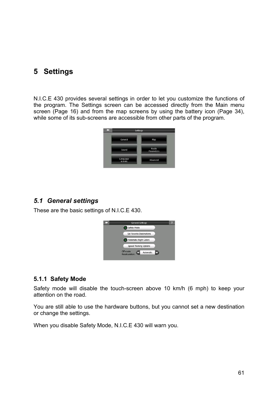 Settings, General settings, Safety mode | 5 settings | Clarion N.I.C.E. 430 User Manual | Page 124 / 158