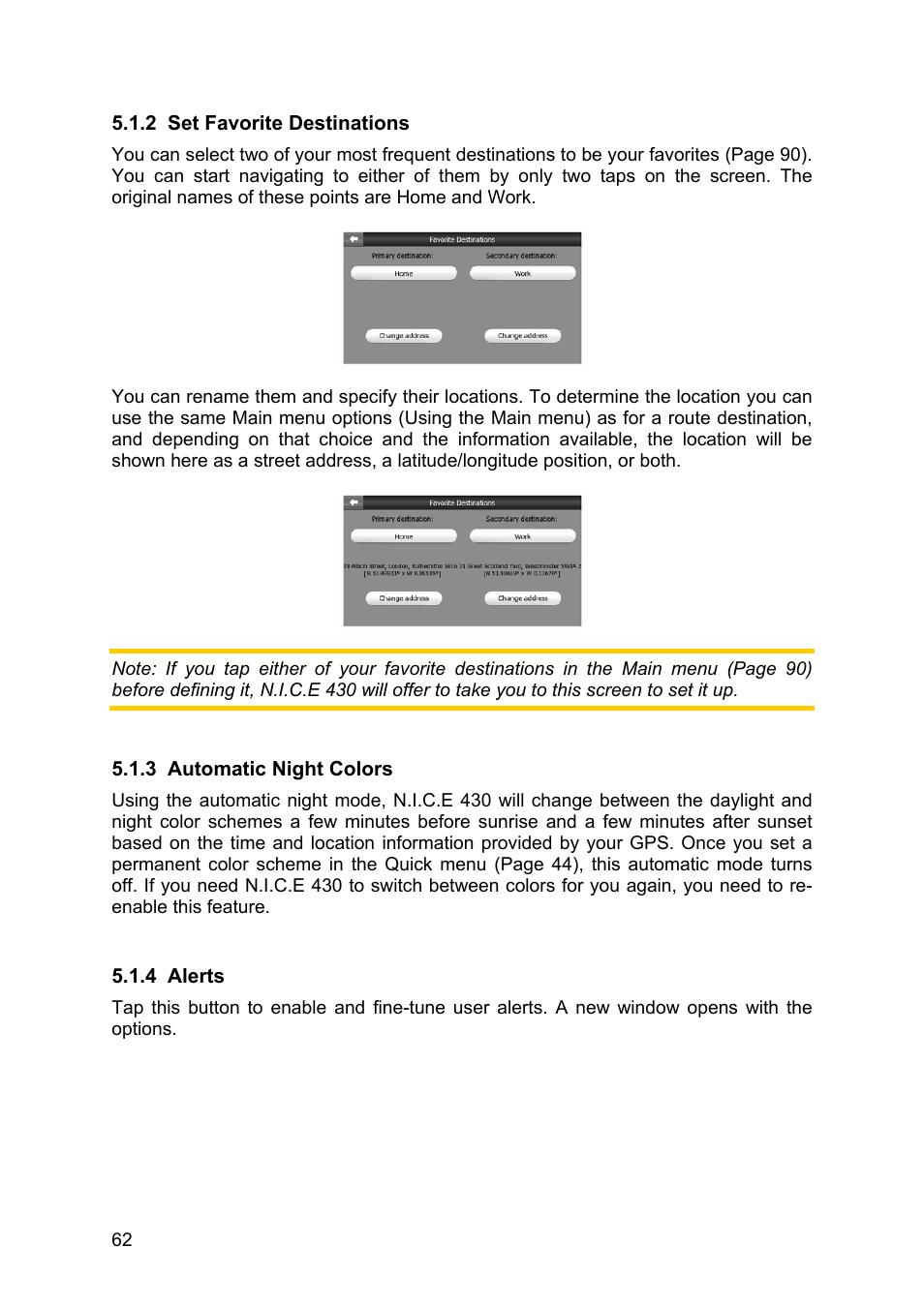 Set favorite destinations, Automatic night colors, Alerts | For you | Clarion N.I.C.E. 430 User Manual | Page 125 / 158