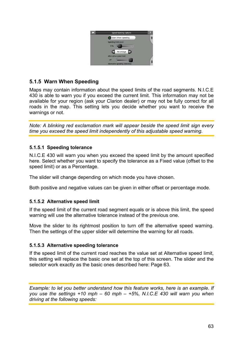Warn when speeding, Speeding tolerance, Alternative speed limit | Alternative speeding tolerance | Clarion N.I.C.E. 430 User Manual | Page 126 / 158