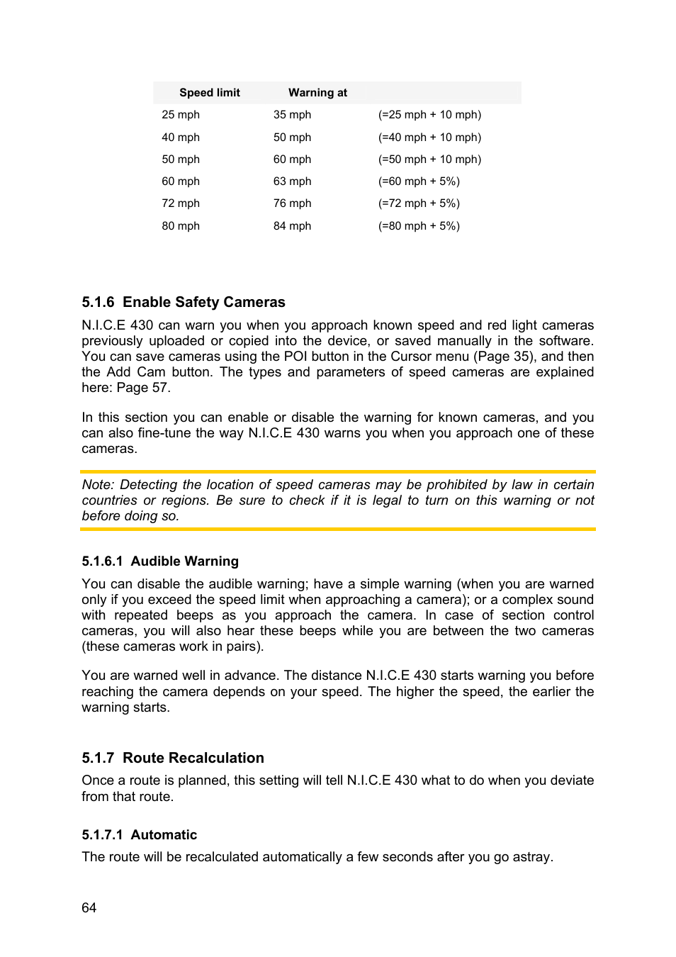 Enable safety cameras, Audible warning, Route recalculation | Automatic | Clarion N.I.C.E. 430 User Manual | Page 127 / 158