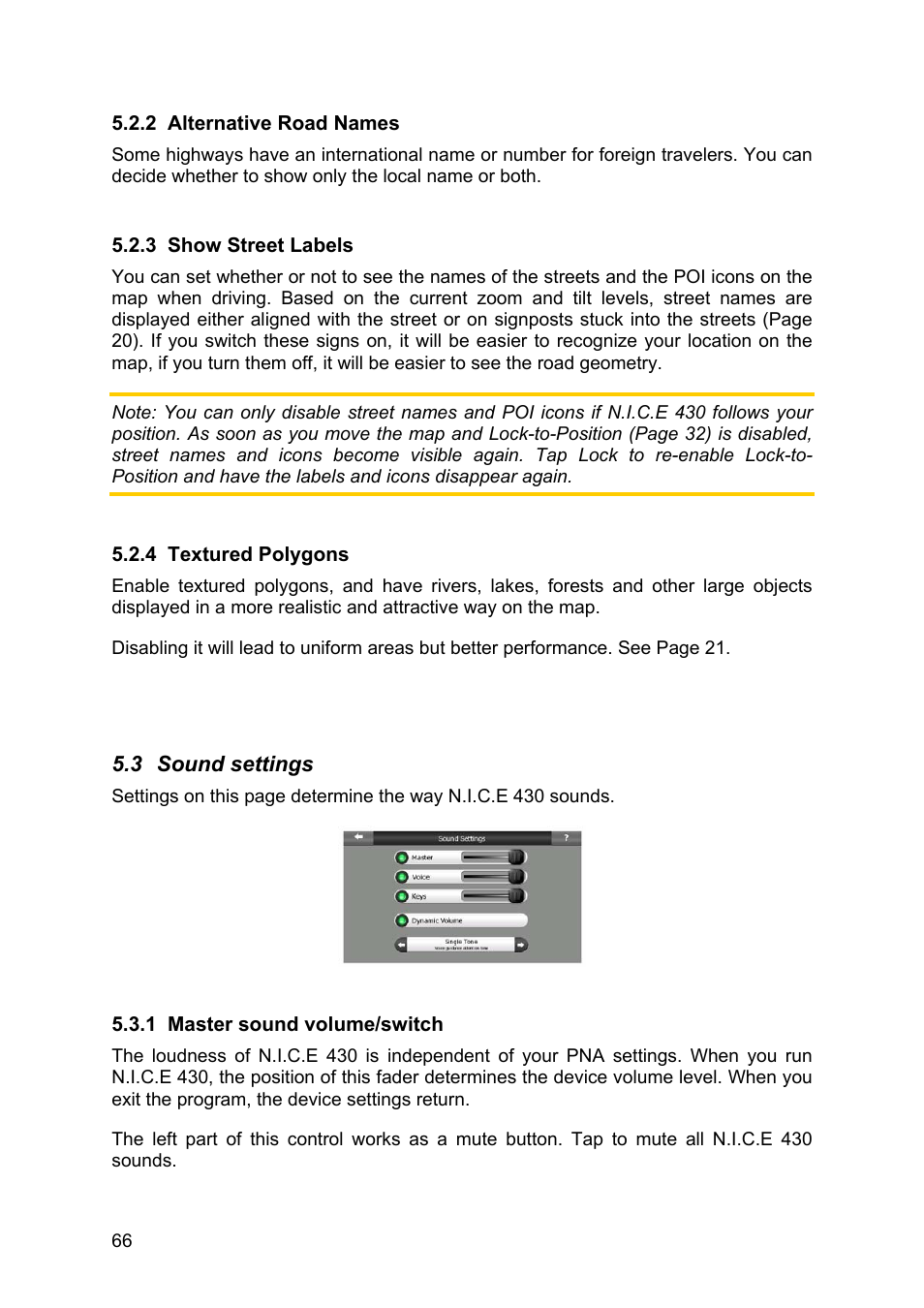 Alternative road names, Show street labels, Textured polygons | Sound settings, Master sound volume/switch | Clarion N.I.C.E. 430 User Manual | Page 129 / 158